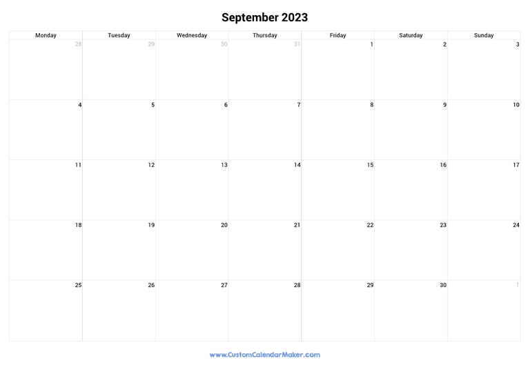 September 2023 monday start calendar