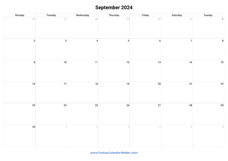 September 2024 monday start calendar
