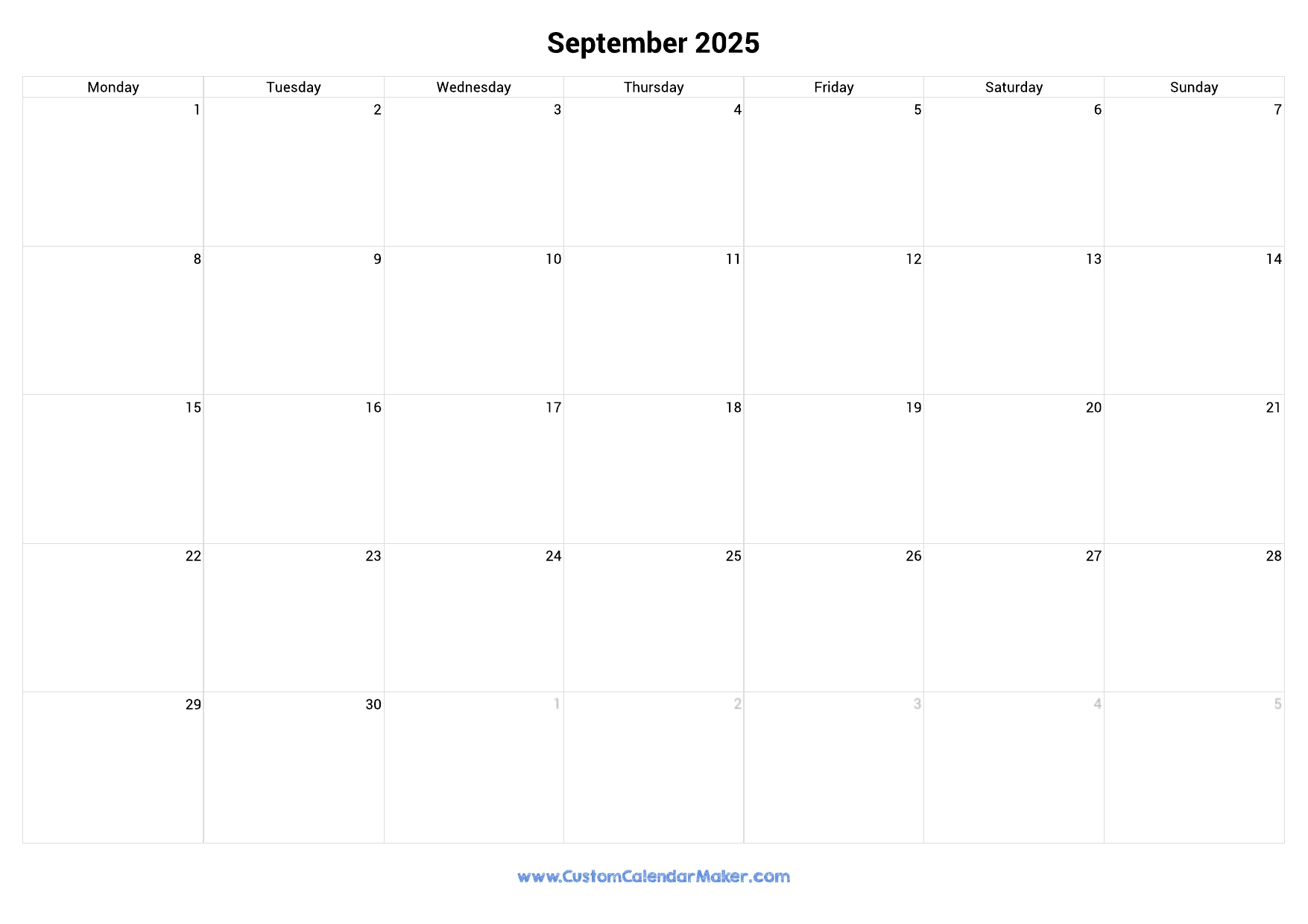 September 2025 Monday Start Calendar Monday To Sunday