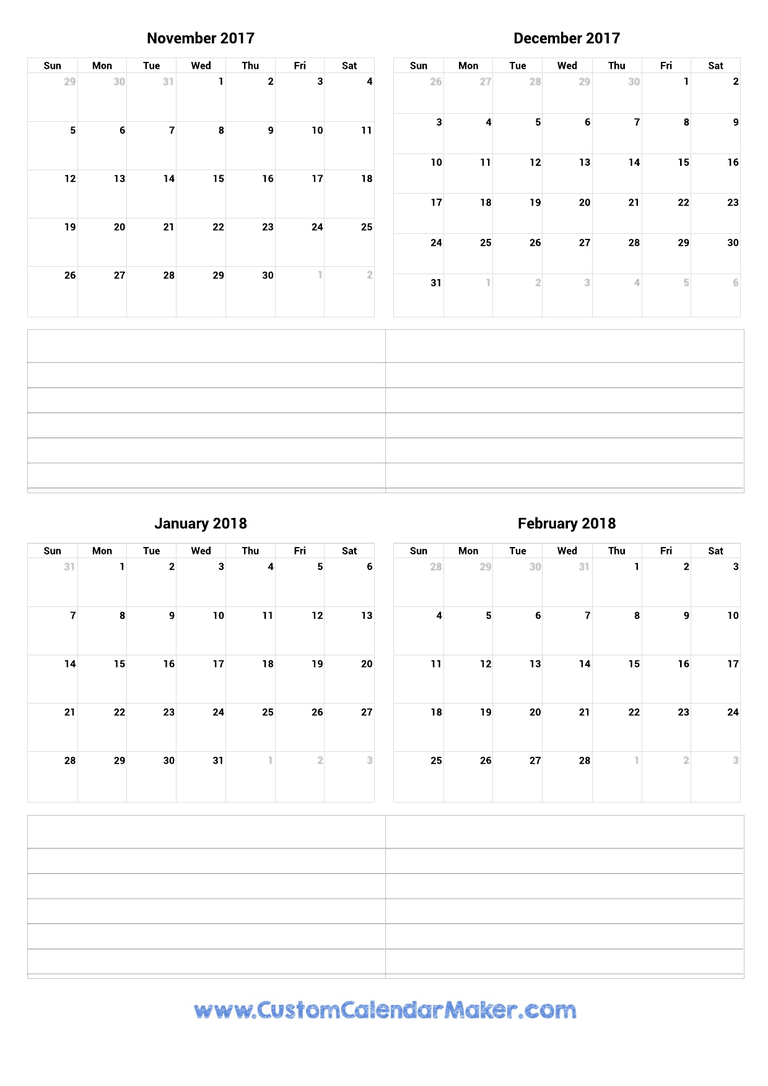November 2017 to February 2018 Calendar