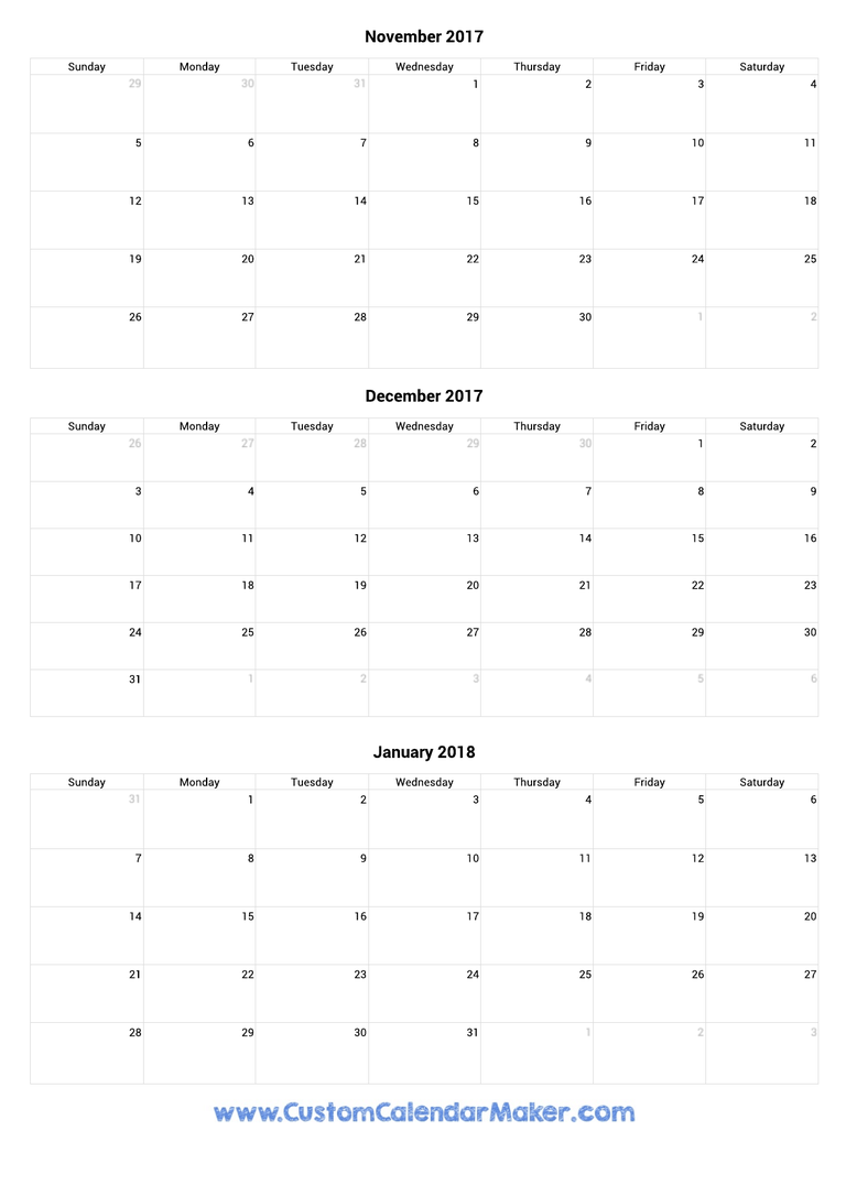 November 2017 to January 2018 Calendar