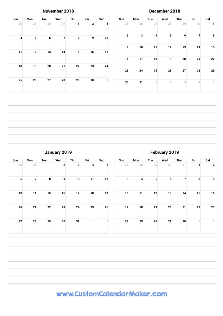 November 2018 to February 2019 Calendar