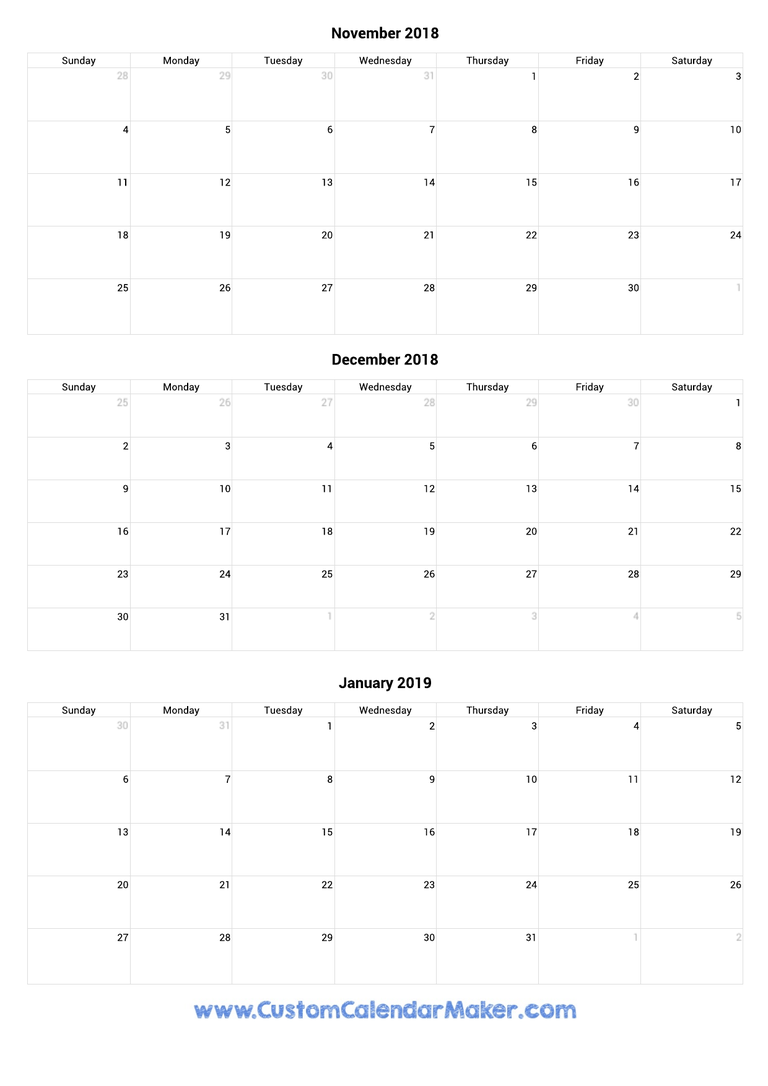 November 2018 to January 2019 Calendar