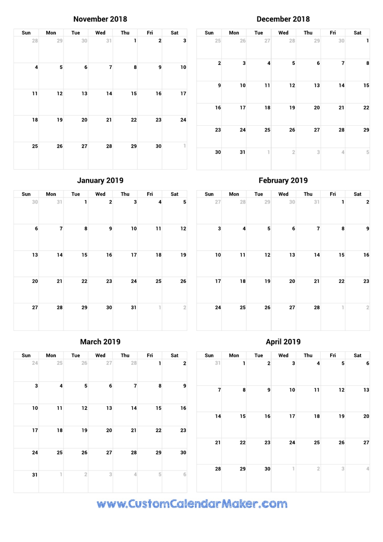 November 2018 to April 2019 Calendar