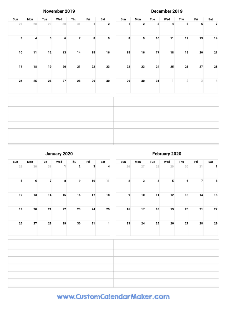 November 2019 to February 2020 Calendar