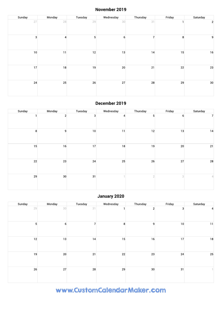 November 2019 to January 2020 Calendar