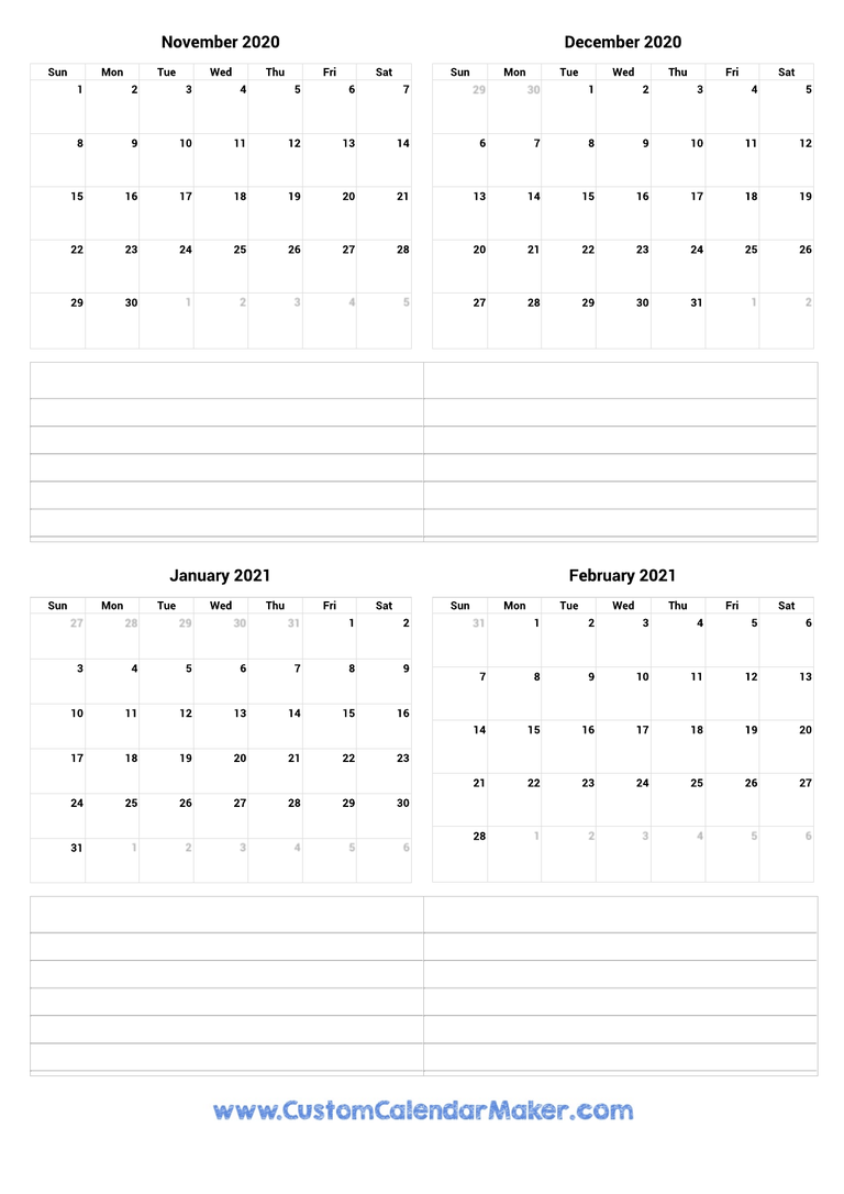 November 2020 to February 2021 Calendar