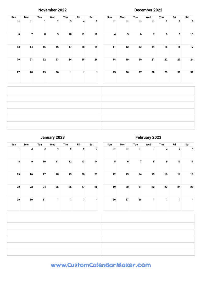 November 2022 to February 2023 Calendar