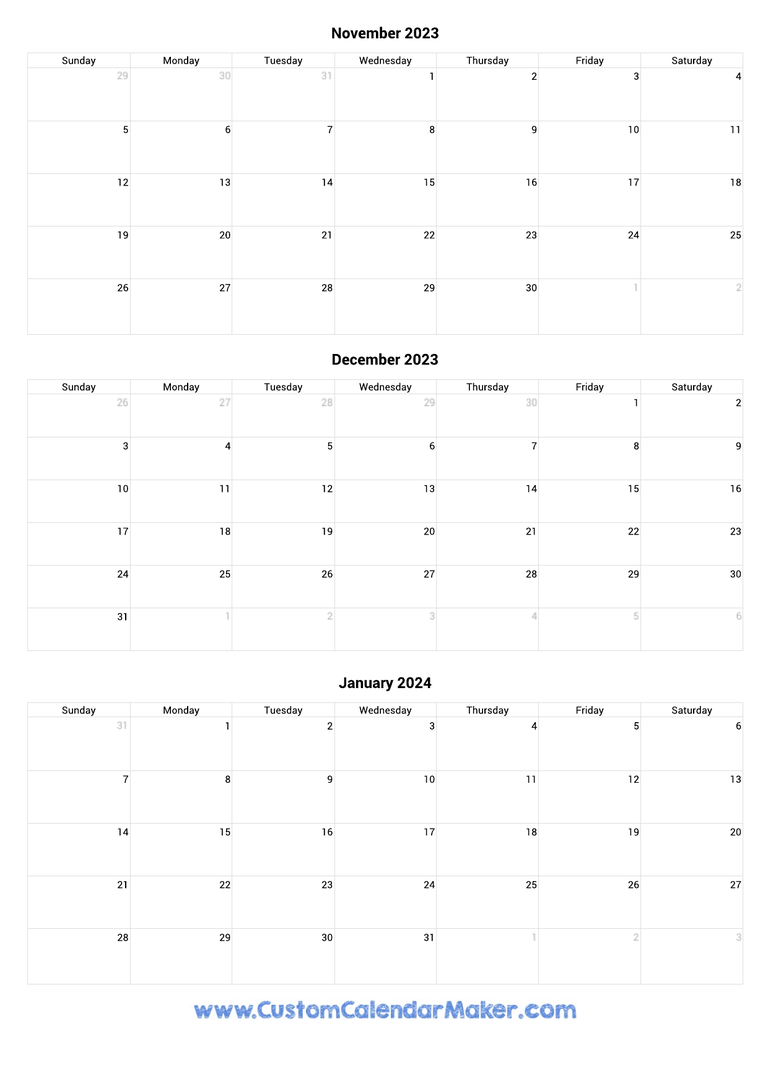 November 2023 to January 2024 Calendar