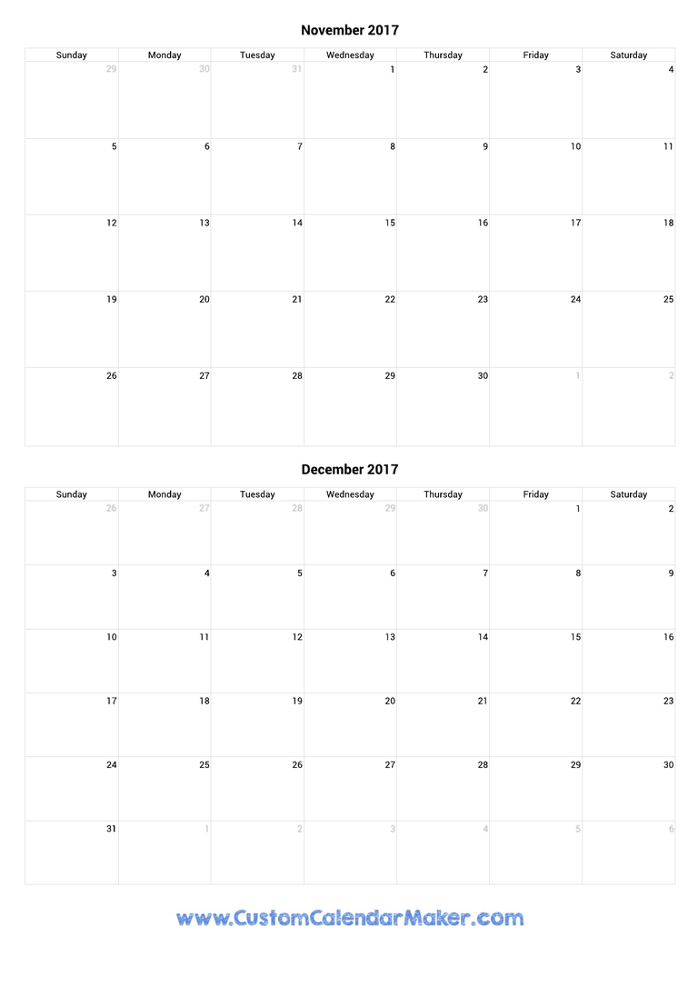 november and december 2017 portrait calendar