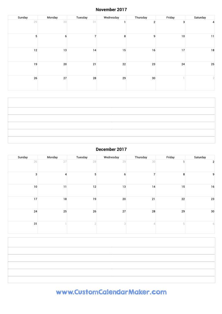 november and december 2017 calendar with notes