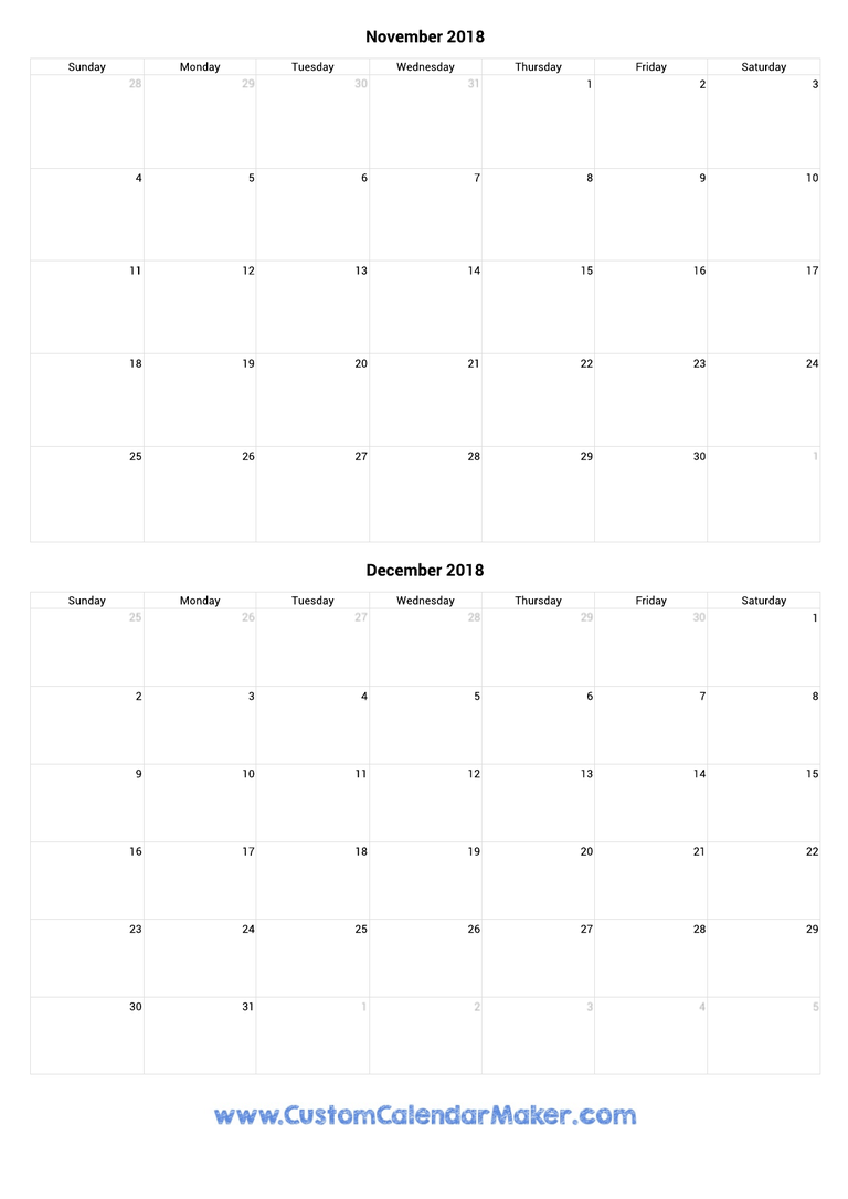 november and december 2018 portrait calendar