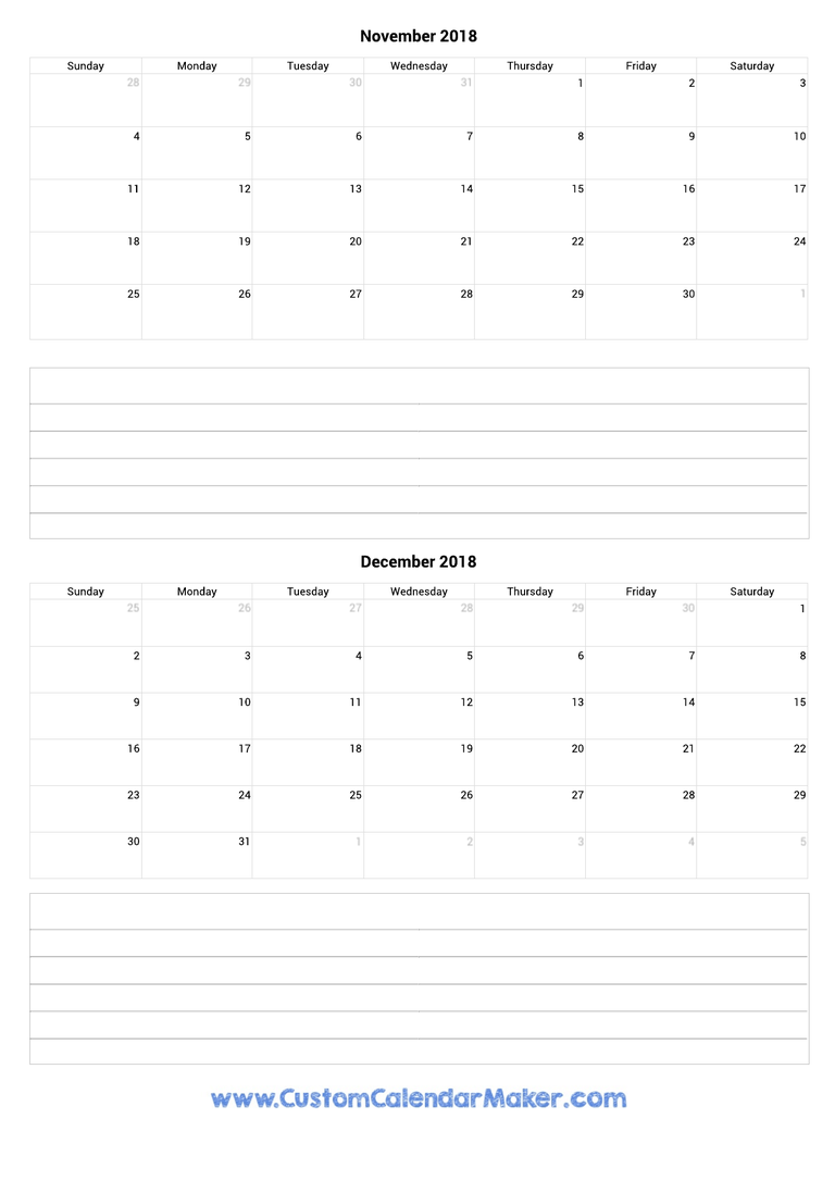 november and december 2018 calendar with notes