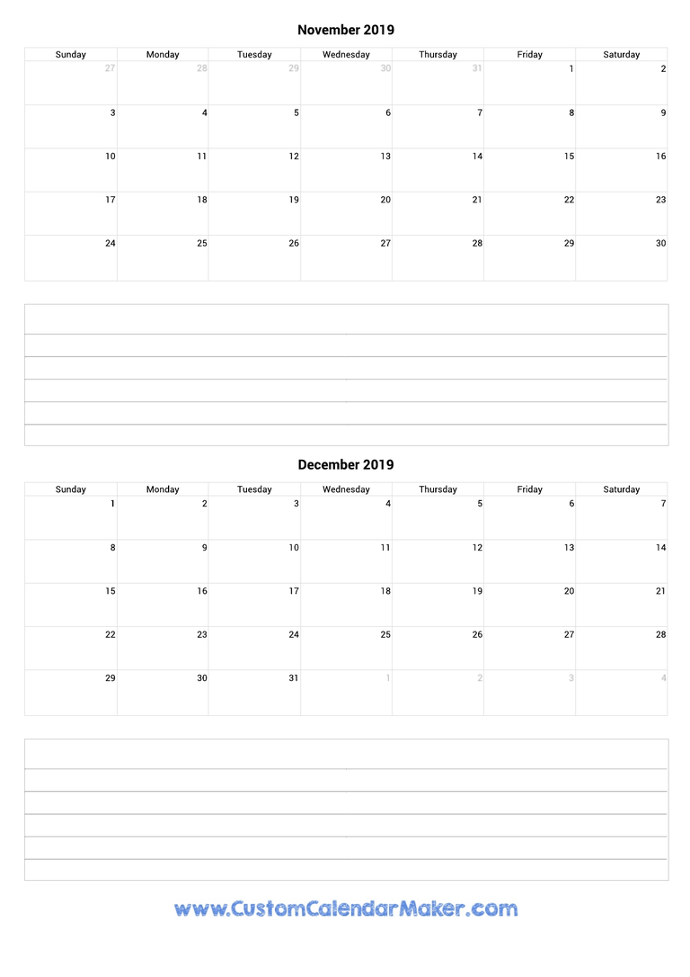 november and december 2019 calendar with notes