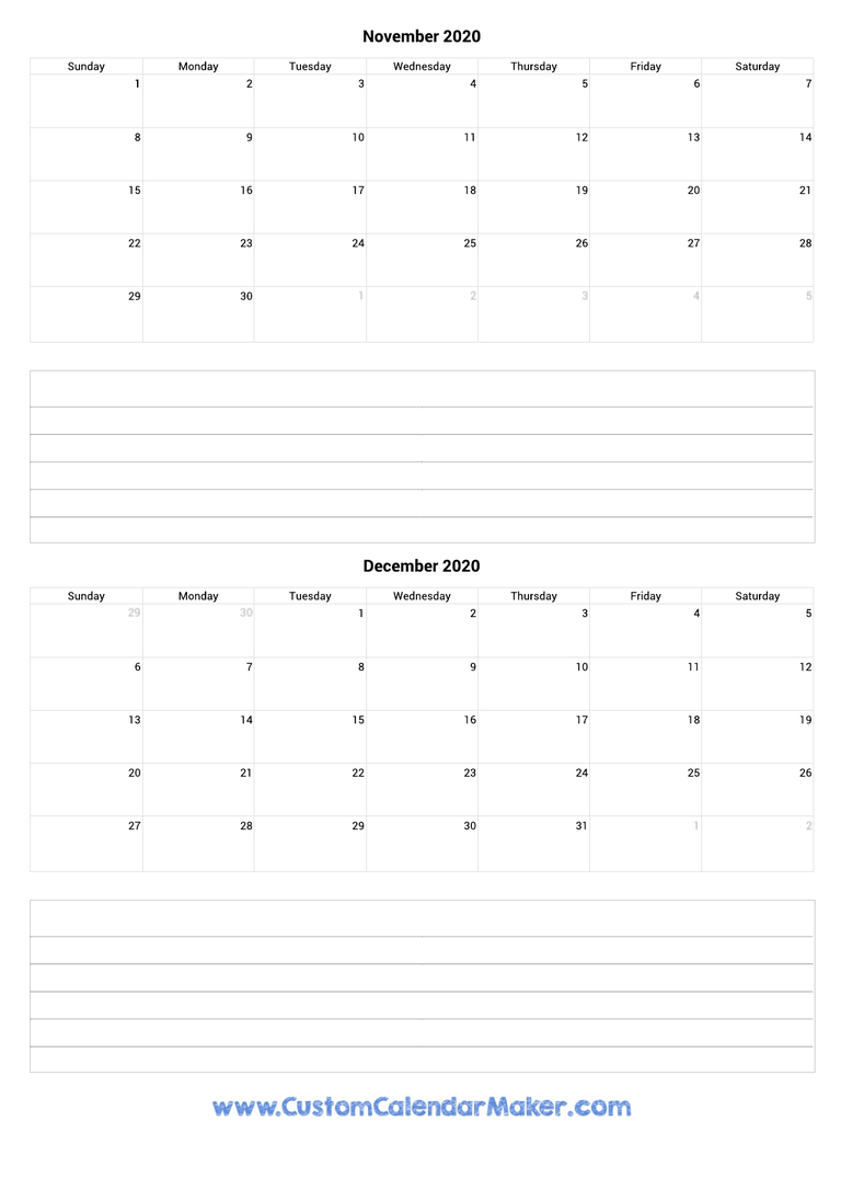 november and december 2020 calendar with notes