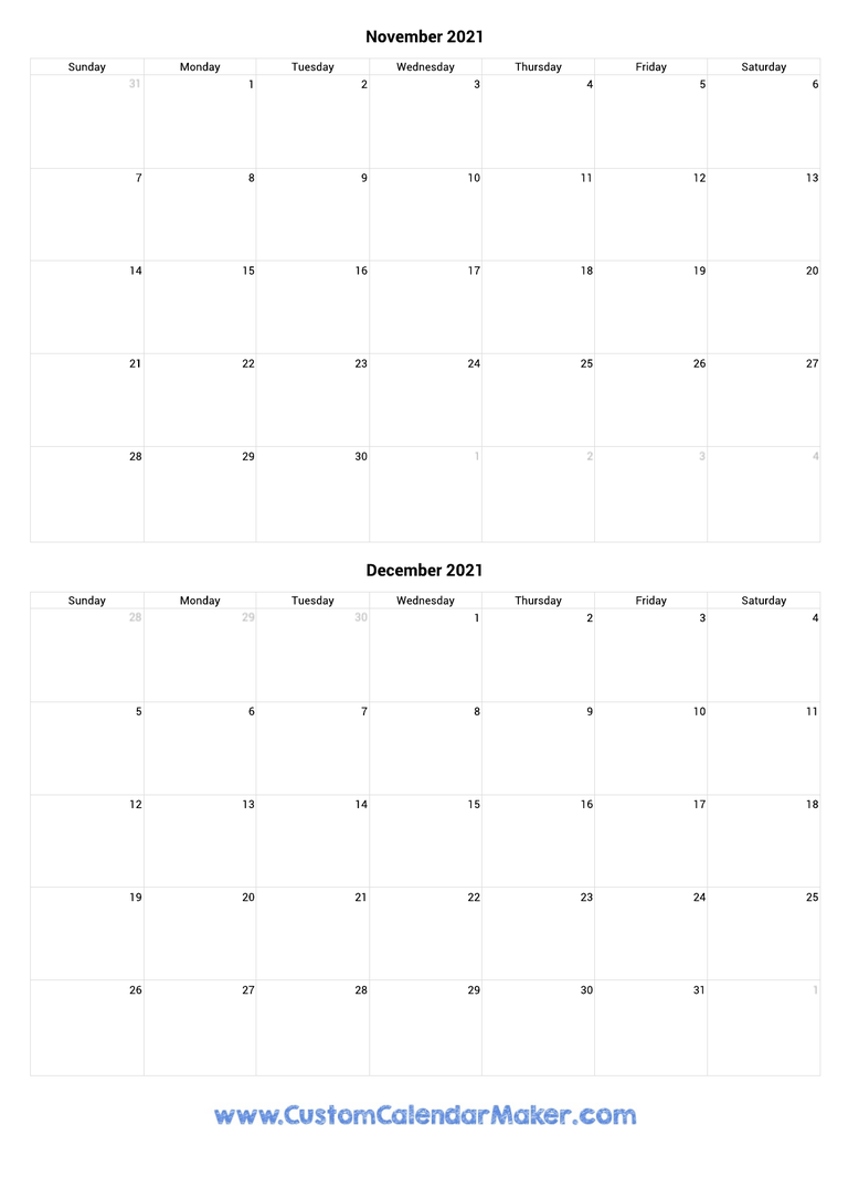 november and december 2021 portrait calendar