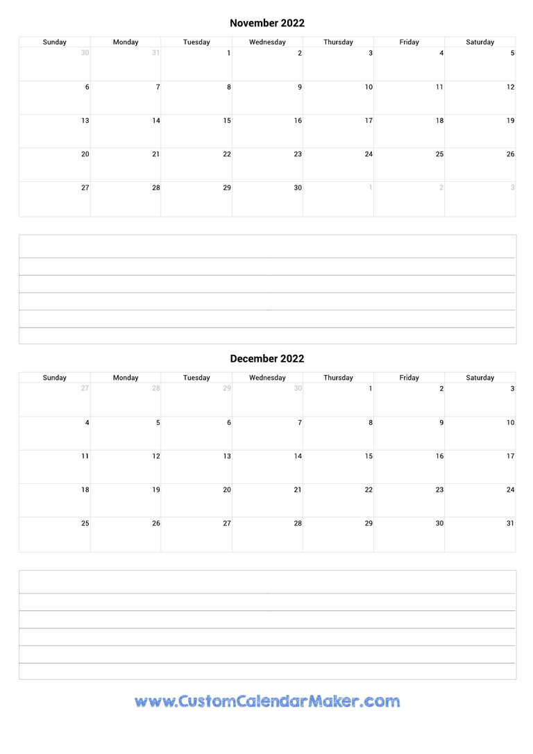 november and december 2022 calendar with notes