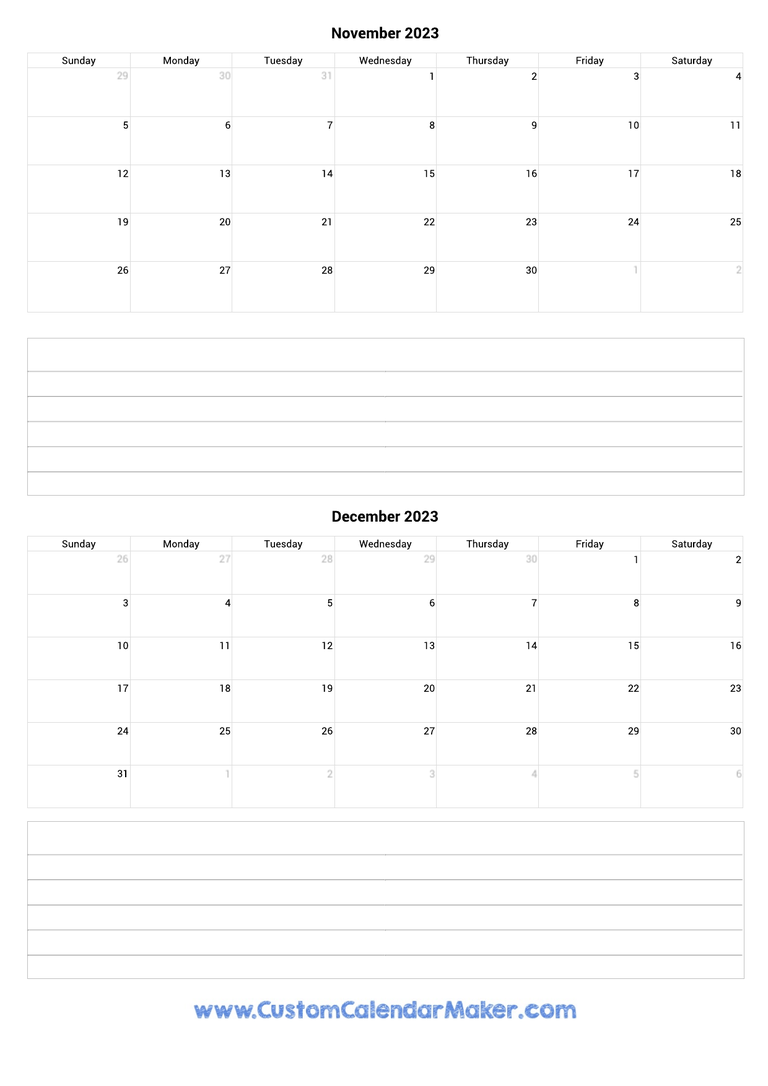 November to December 2023 Calendar Template with notes