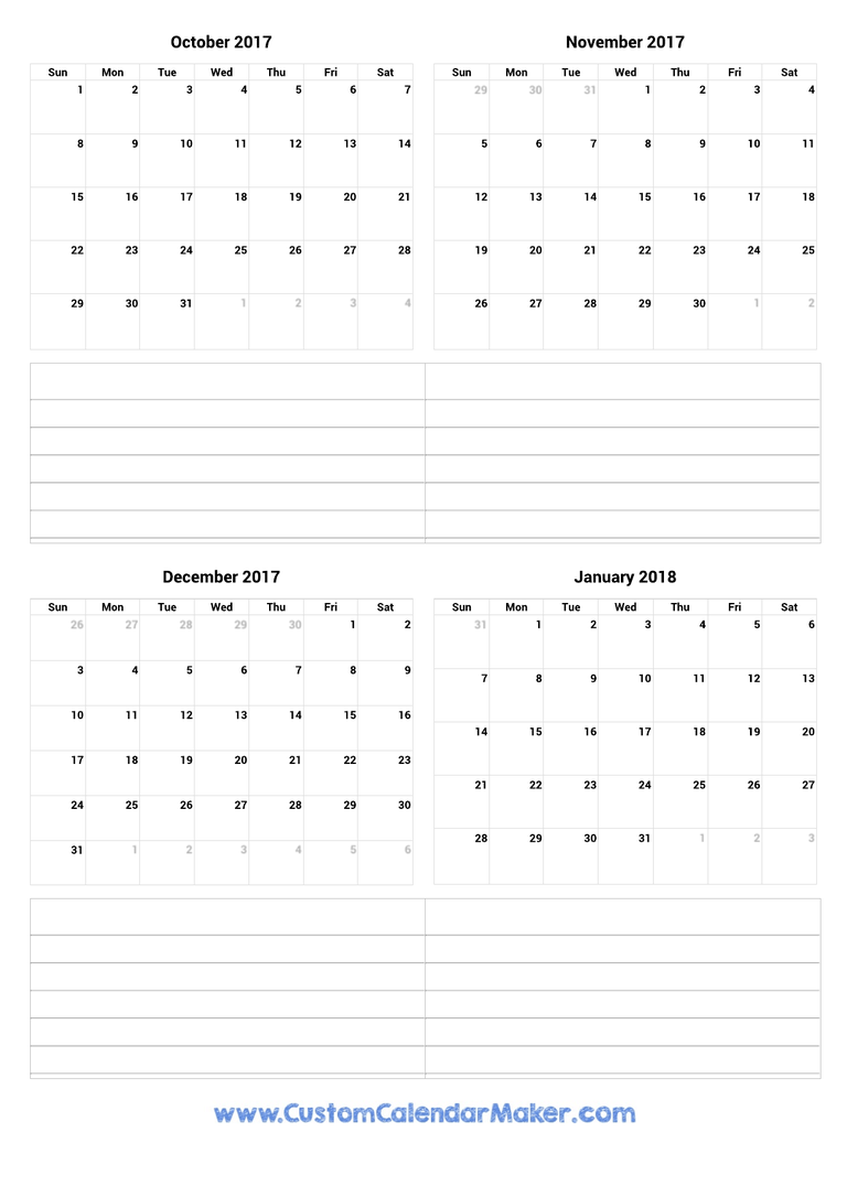 October 2017 to January 2018 Calendar