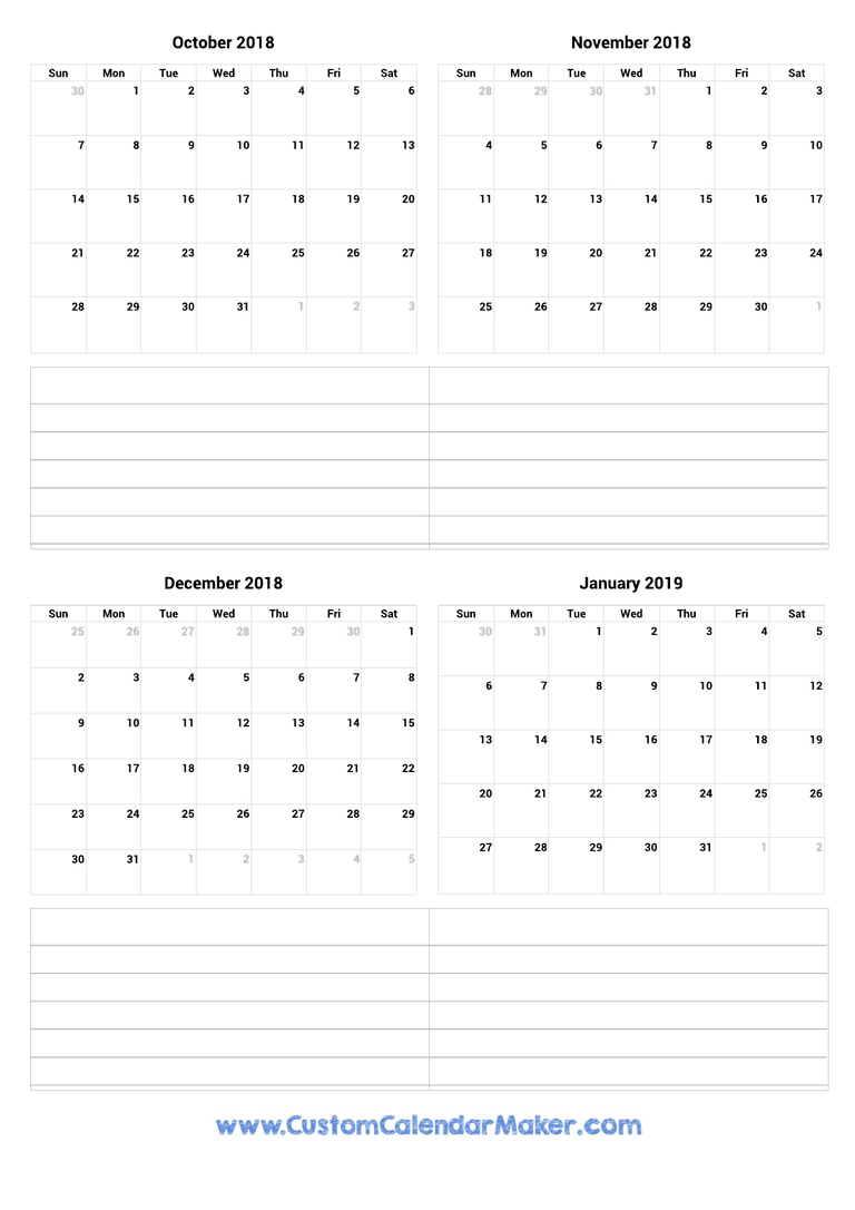 October 2018 to January 2019 Calendar