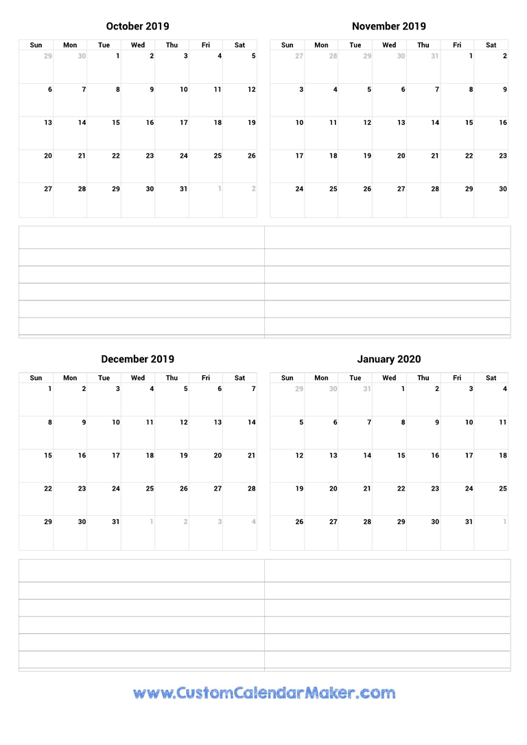 October 2019 to January 2020 Calendar