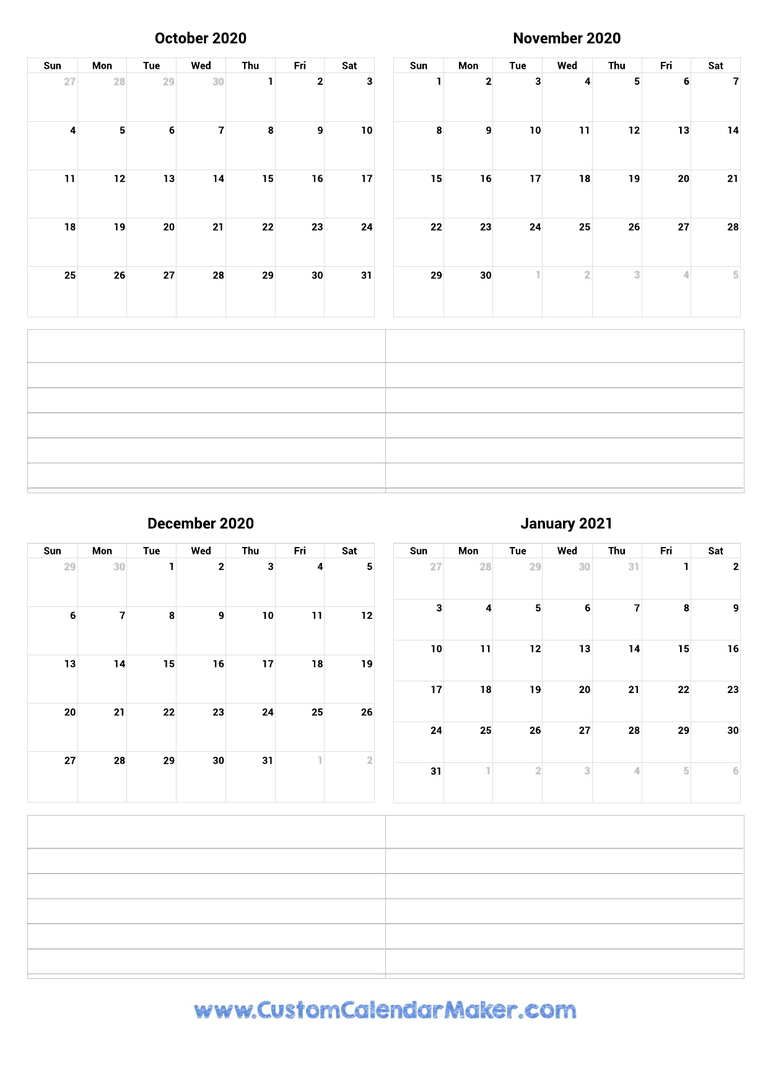 October 2020 to January 2021 Calendar
