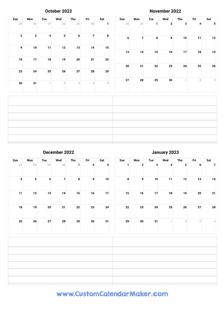 October 2022 to January 2023 Calendar