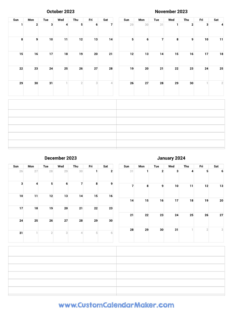 October 2023 to January 2024 Calendar