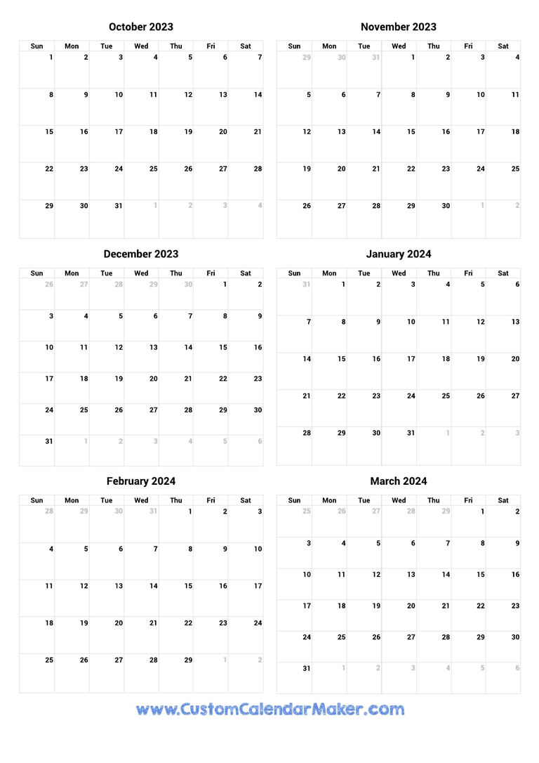 October 2023 to March 2024 Printable Calendar