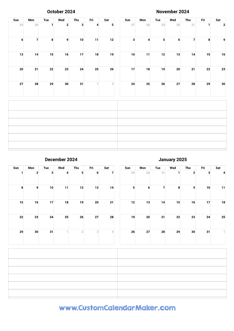 October 2024 to January 2025 Calendar