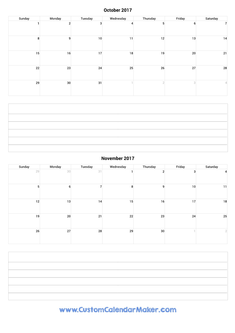 october and november 2017 calendar with notes
