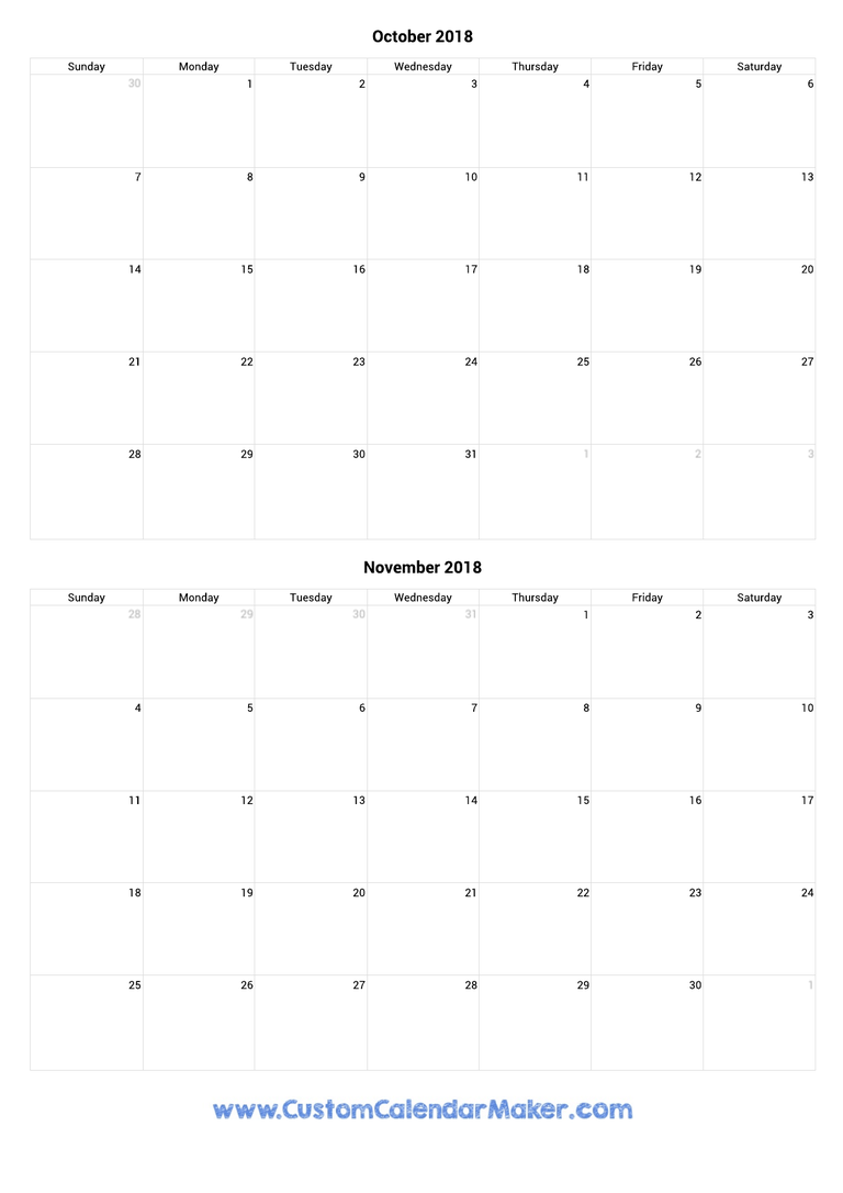 october and november 2018 portrait calendar