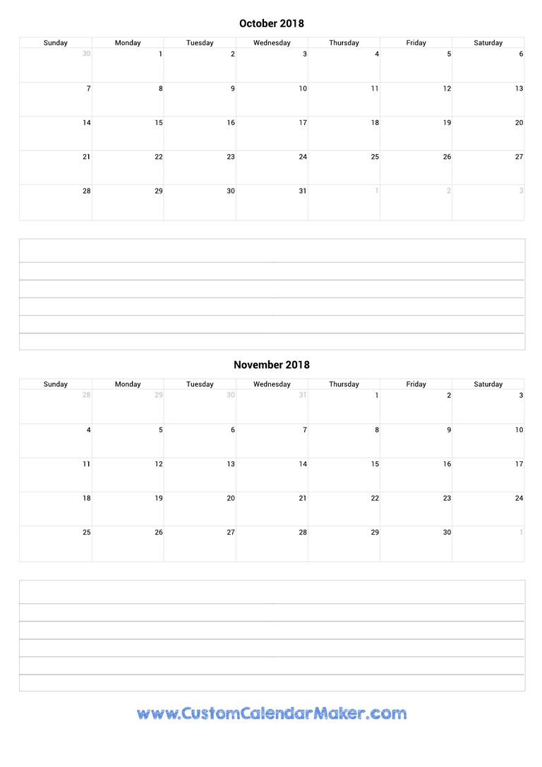 october and november 2018 calendar with notes