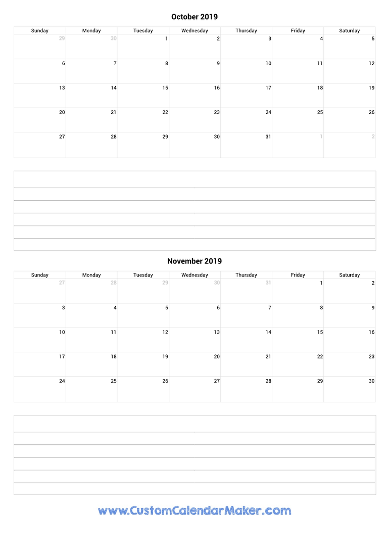 october and november 2019 calendar with notes