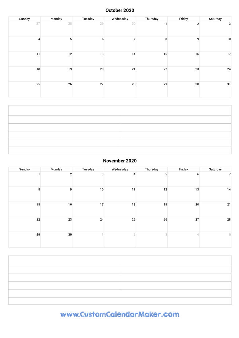 october and november 2020 calendar with notes