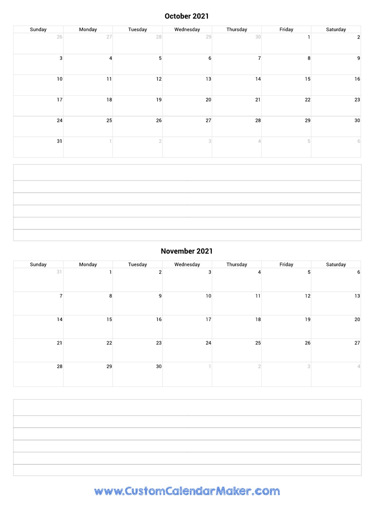 october and november 2021 calendar with notes