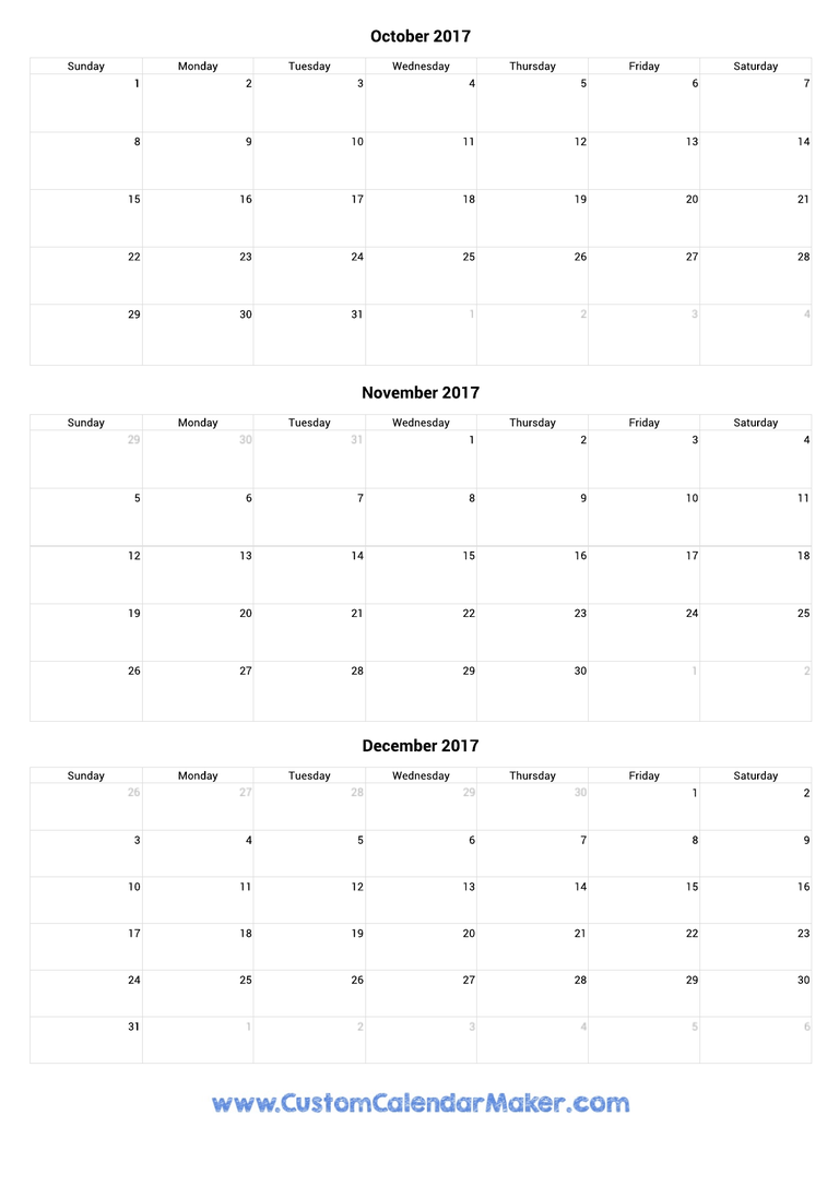 October to December 2017 Calendar