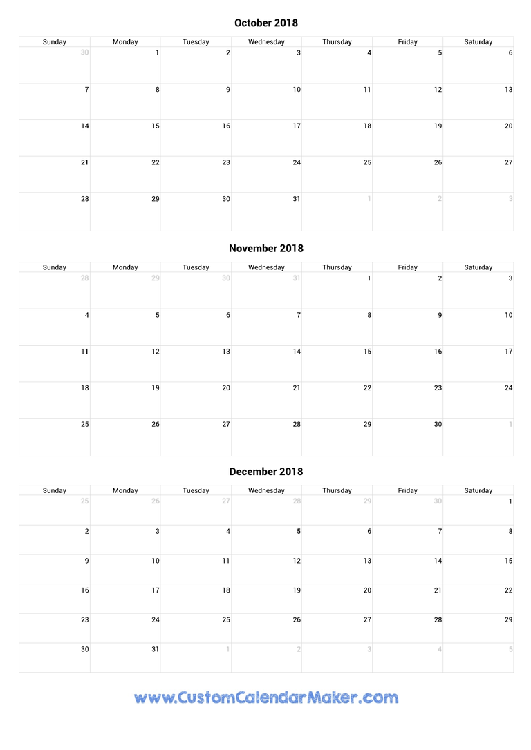 October to December 2018 Calendar