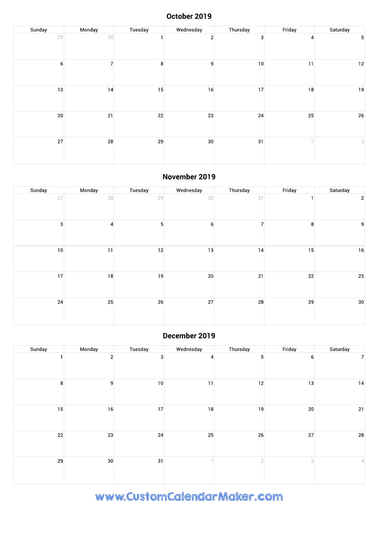 October to December 2019 Calendar