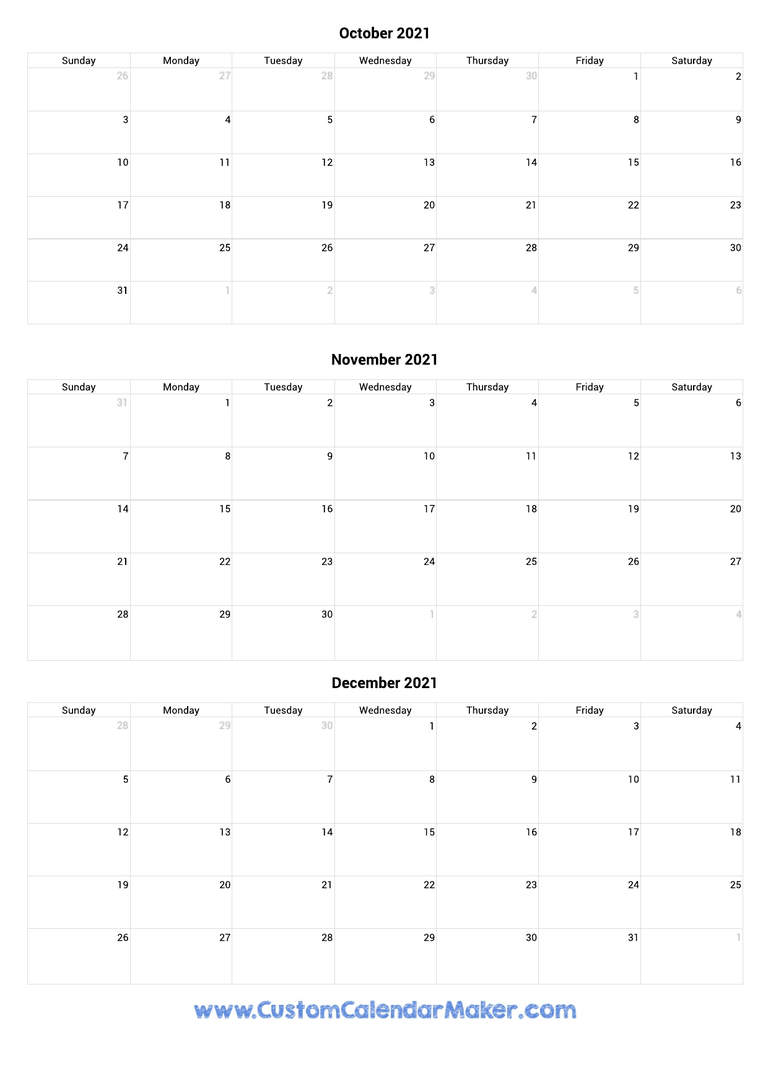 October to December 2021 Calendar