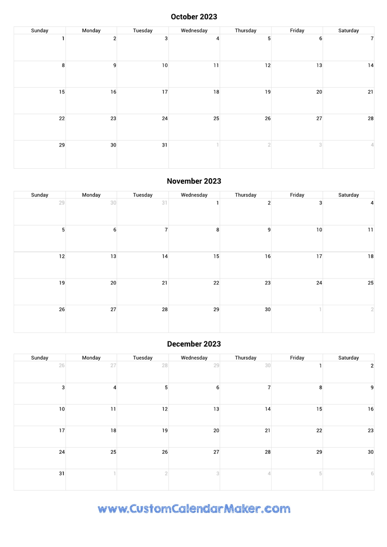 October to December 2023 Calendar