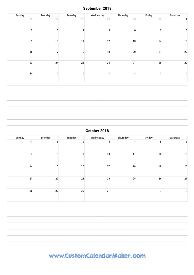 september and october 2018 calendar with notes