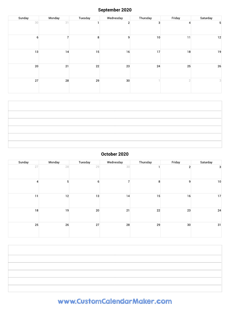 september and october 2020 calendar with notes