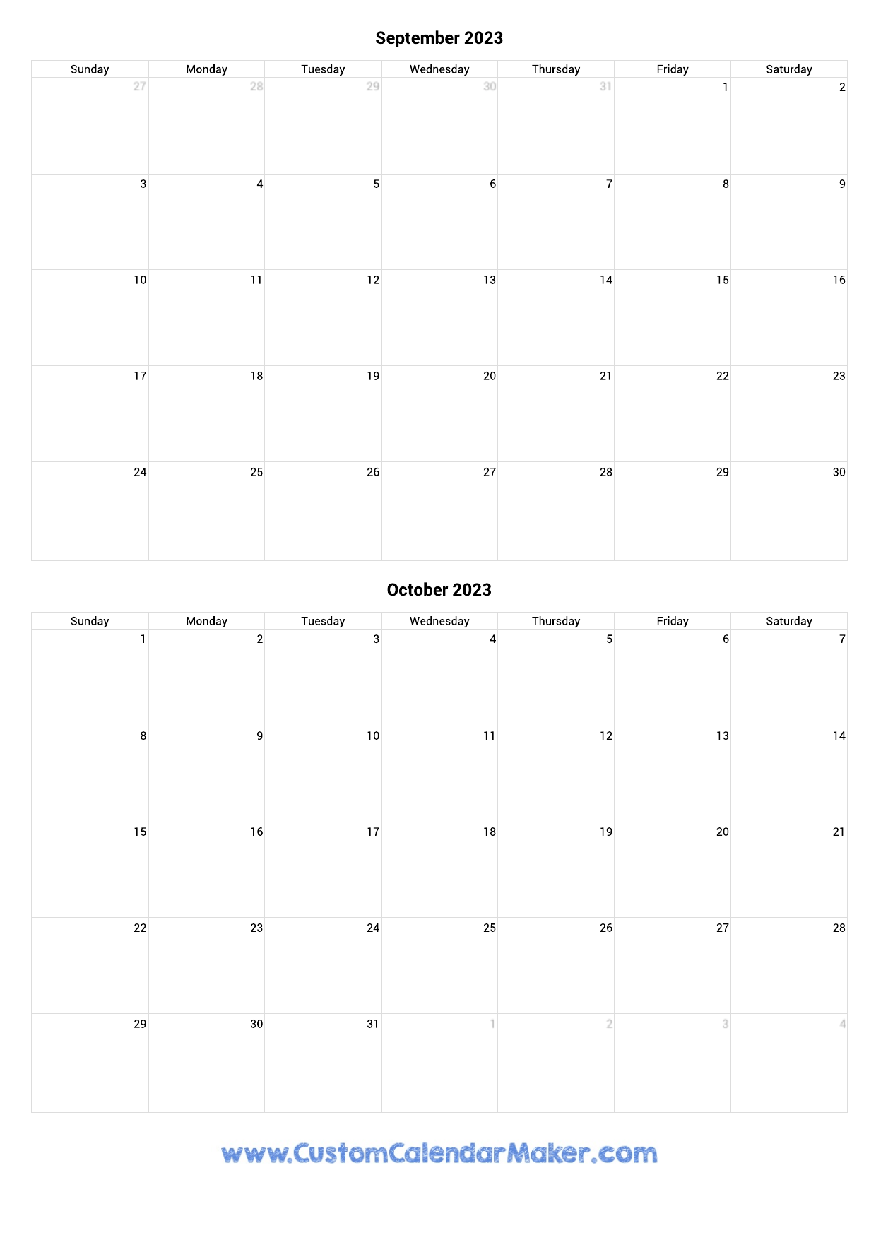 September And October 2023 Printable Calendar Template
