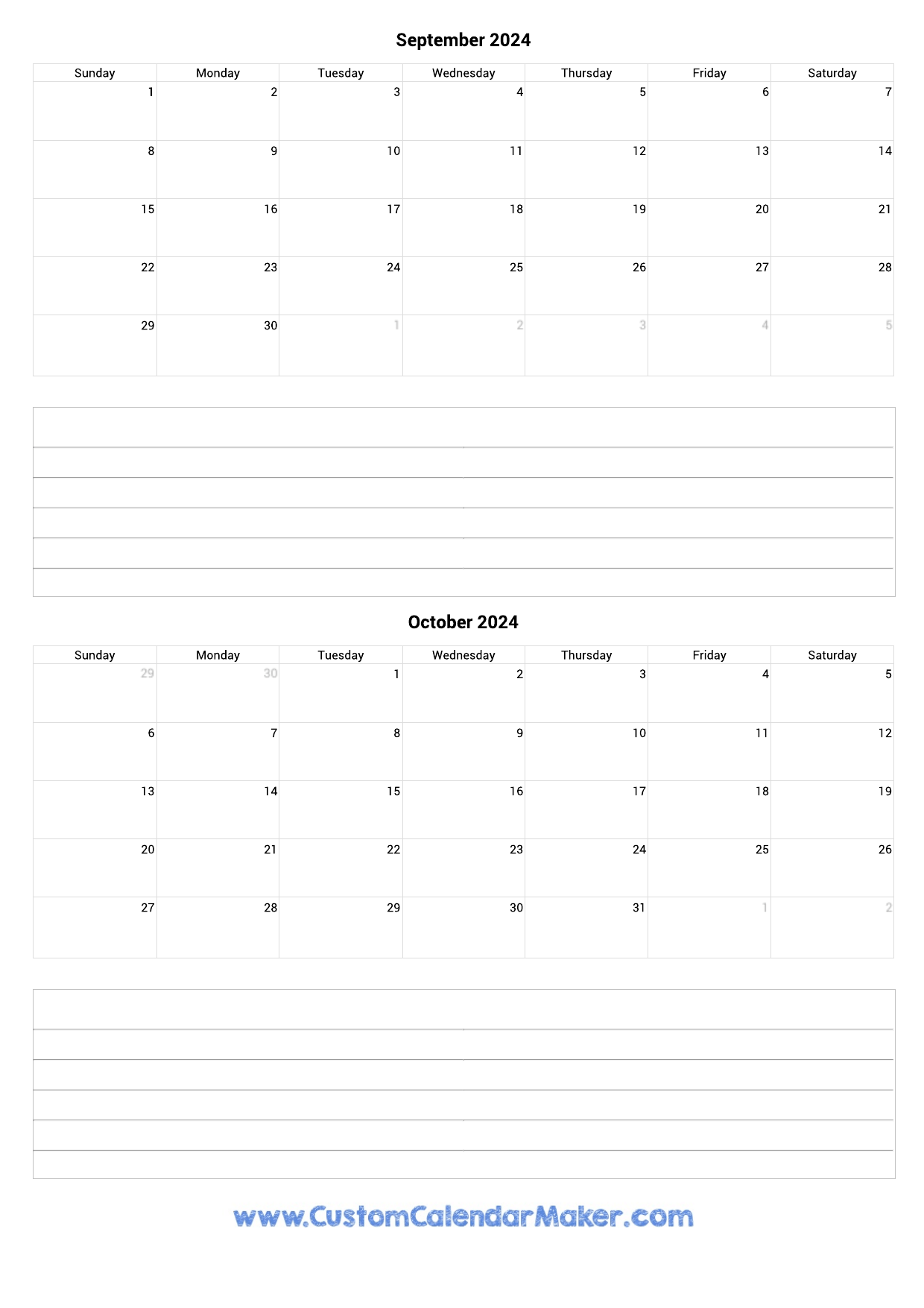 September to October 2024 Calendar Template with notes