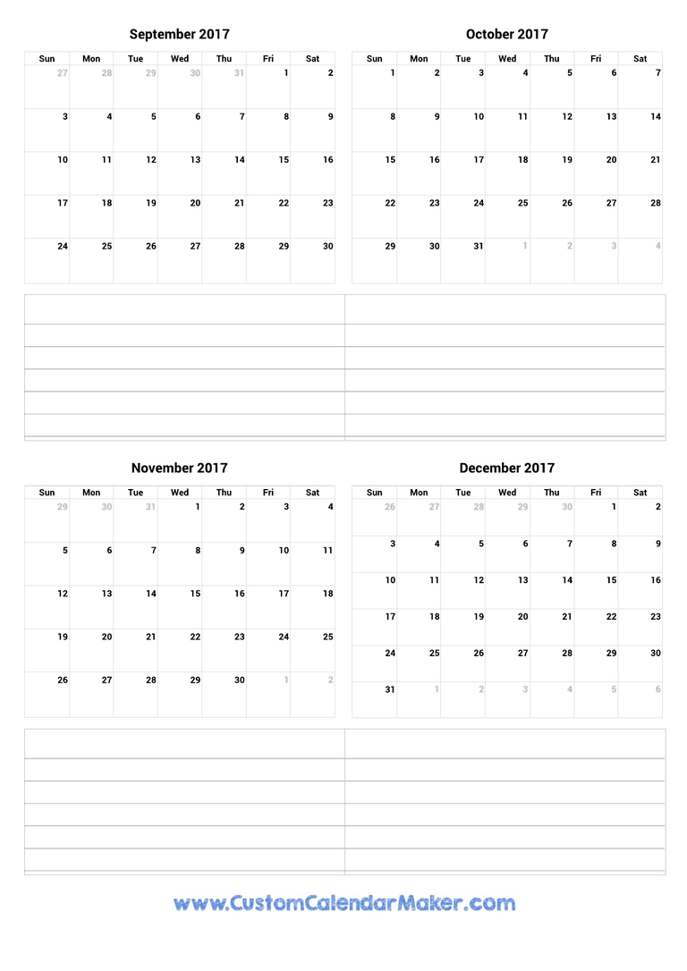 September to December 2017 Calendar