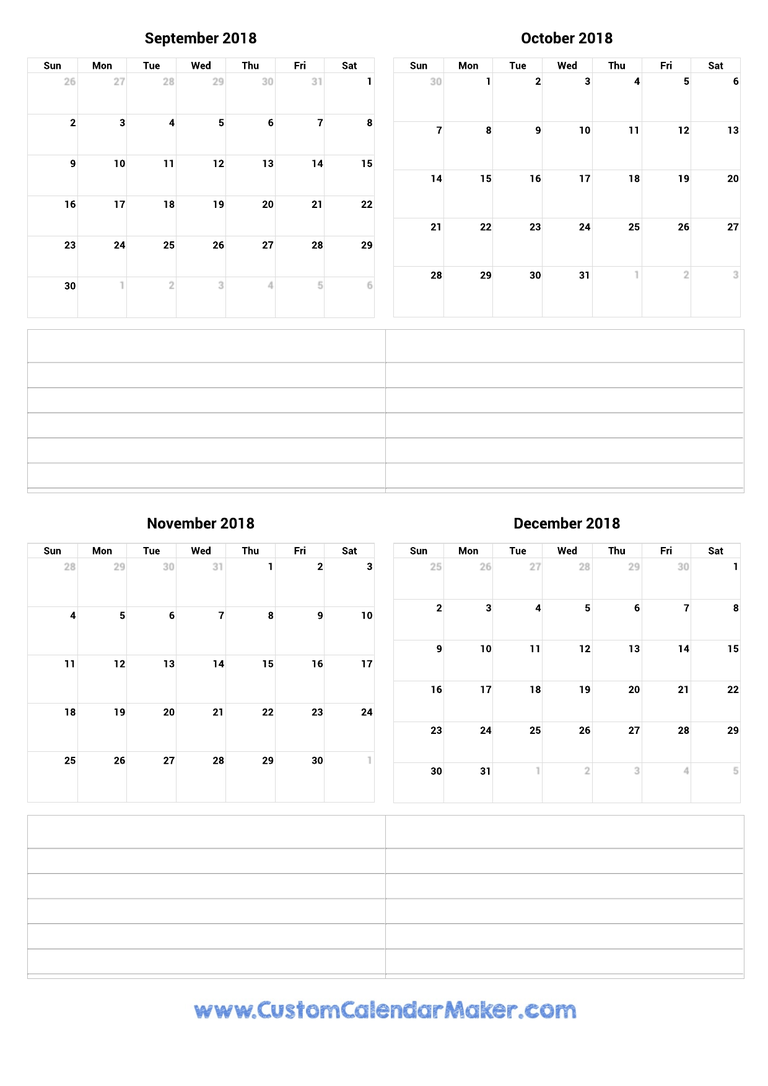 September to December 2018 Calendar