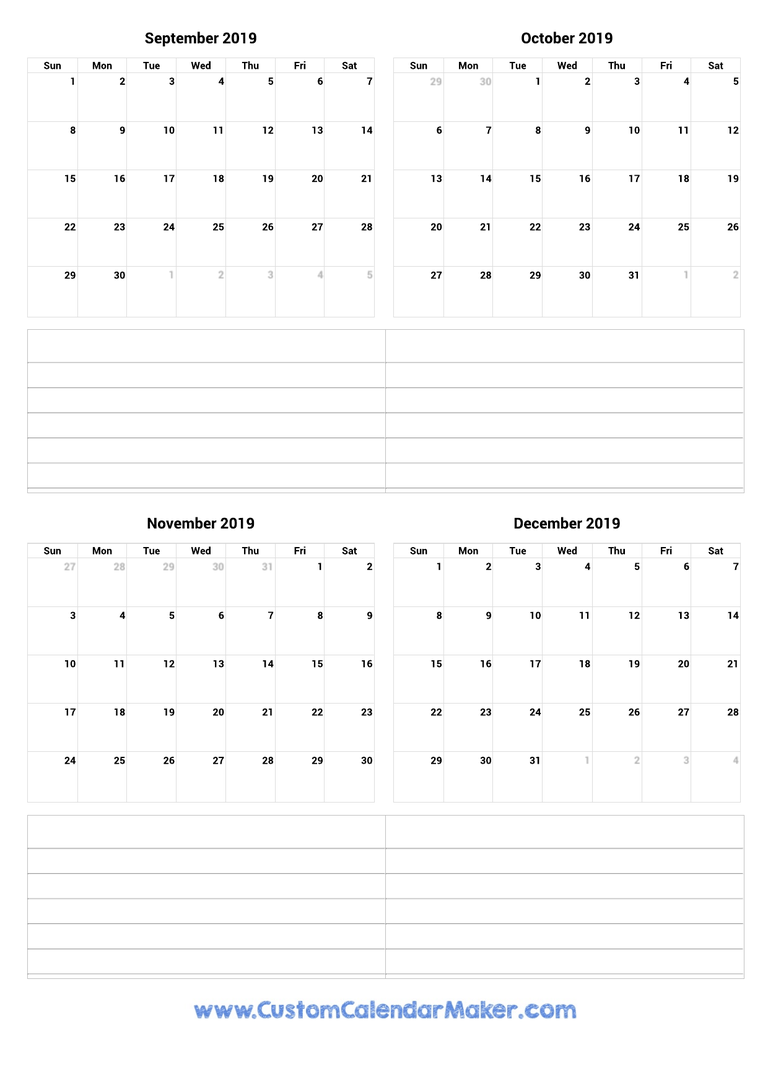 September to December 2019 Calendar