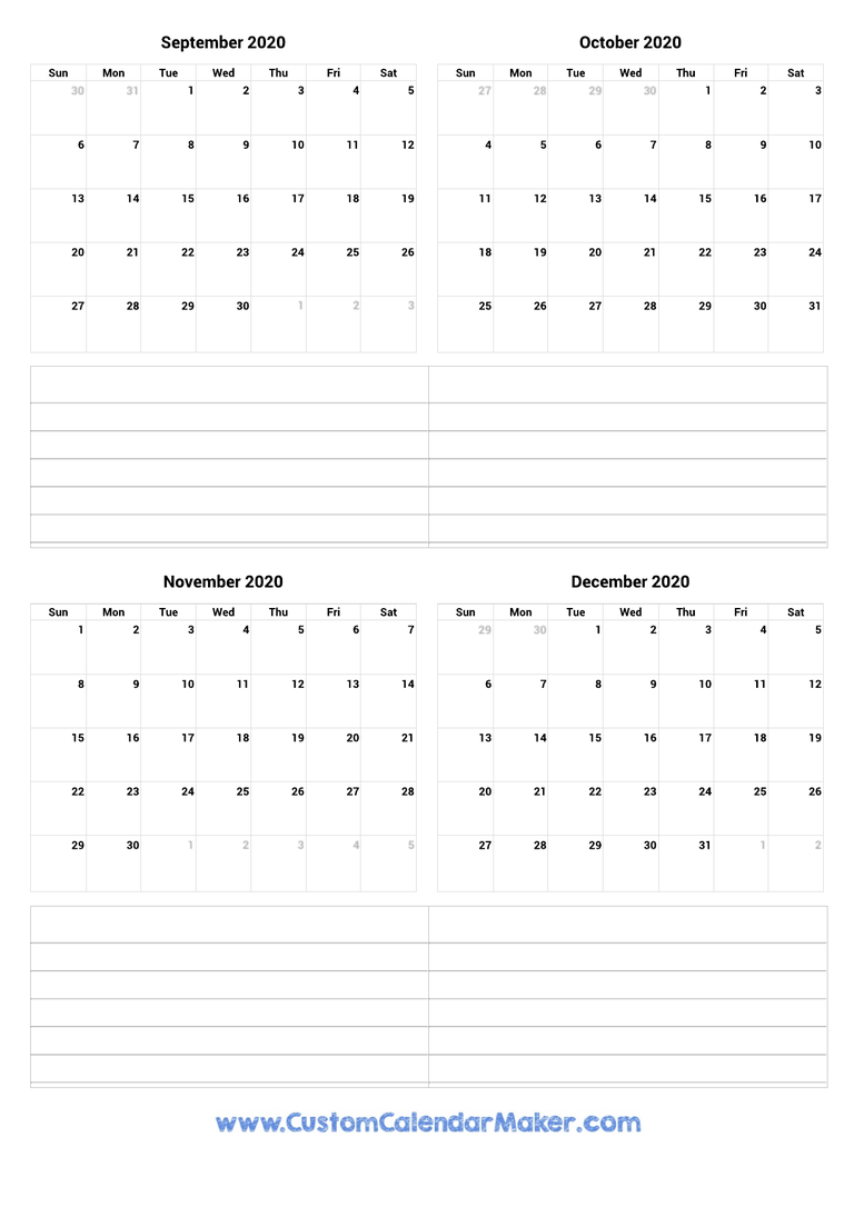 September to December 2020 Calendar