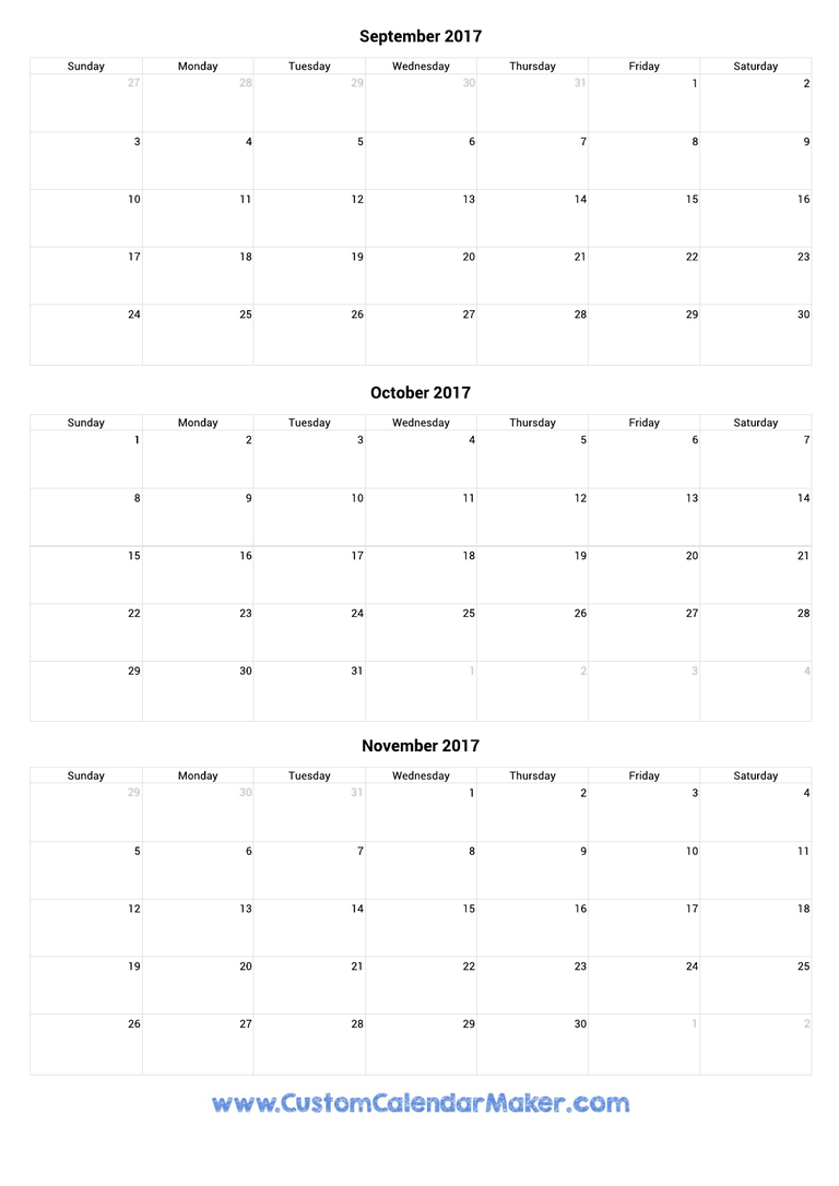 September to November 2017 Calendar